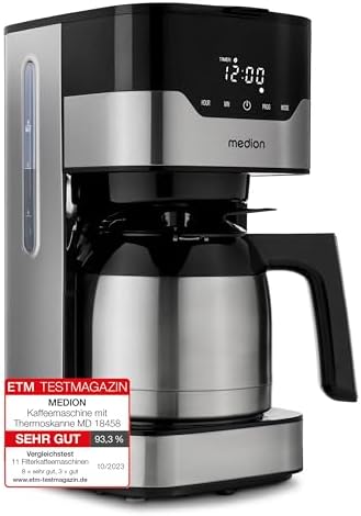 MEDION Cafetière isotherme MD 18458, machine à café avec minuterie, stop-goutte et sélecteur d'arôme, avec thermos d'une capacité d'1,1 litre, acier inoxydable