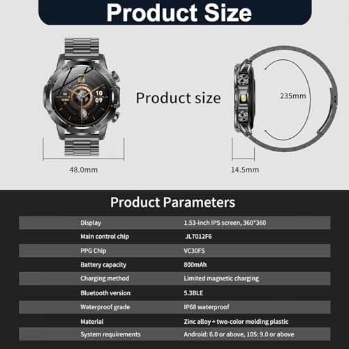 Smart Watch for Men with Flashlight, Bluetooth Calling, 100+ Sport Modes, 800mAh, IPX8 Waterproof Fitness Tracker for Workout, iOS Android Compatible， Gift For Him (Black steel)