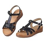 MUSSHOE Women's Flat Sandals Comfort Slip-on Elastic Ankle Strap Casual Sandals, Black 10