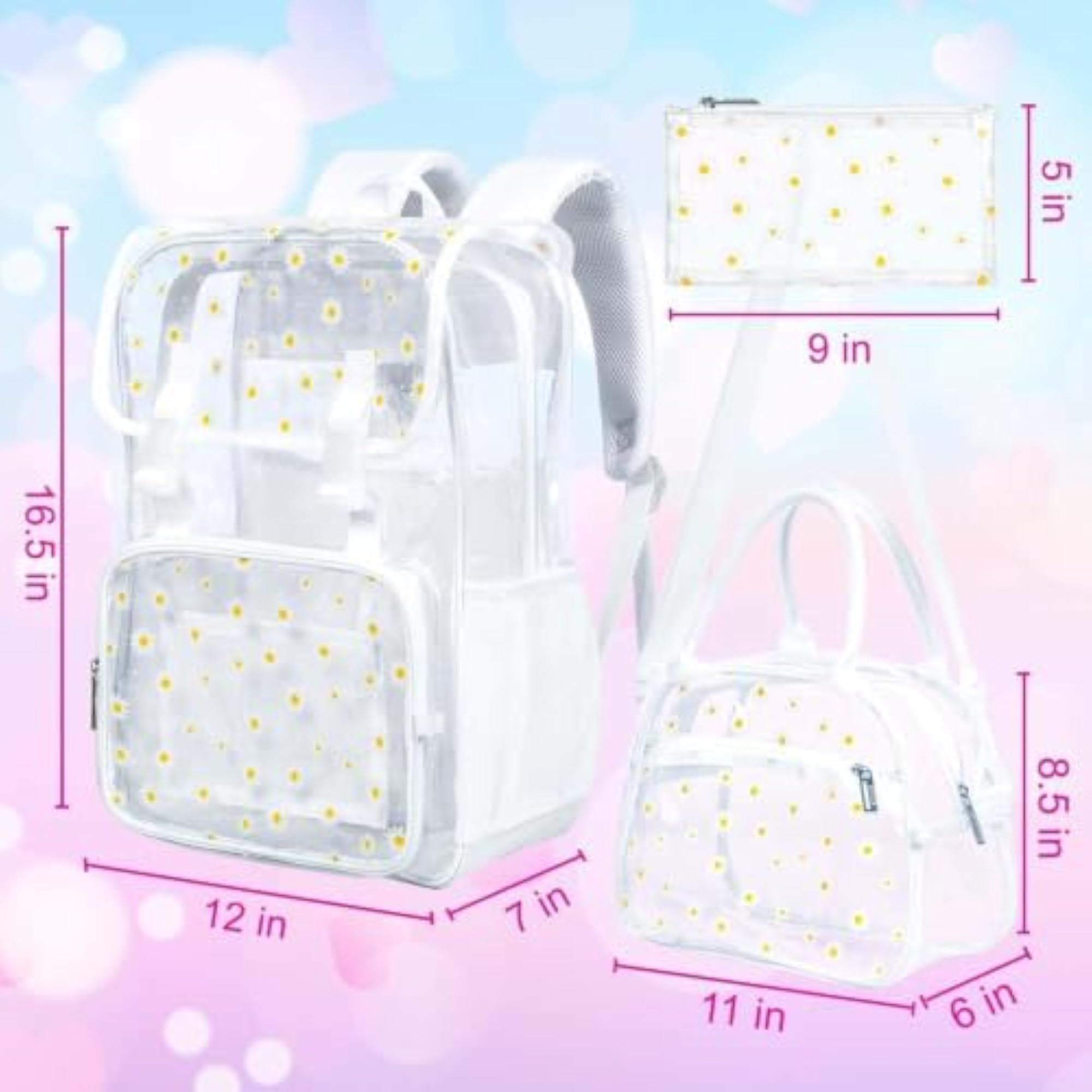 17" Clear Backpack 3Pcs Set for Girls, Floral/Sequin