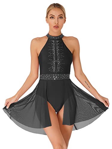 Aislor Damen Glitzer Eiskunstlauf Kleider mit Strass Rückenfrei Lyrisches Tanzkleid Leotard Kleider Tanz Kostüm Schwarz L