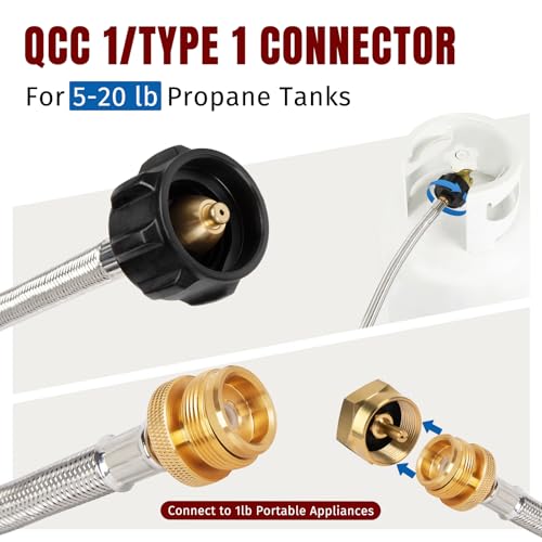 SHINESTAR 5FT Braided Propane Hose Connects 1lb Portable Appliances to 5-40 lb Propane Tank, for Small Grill, Fire Pit, etc