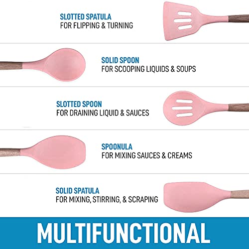 Image of Non-Stick Silicone Cooking Utensils Set with Natural Acacia Hard Wood Handle, High Heat Resistant Pink Pack of 5