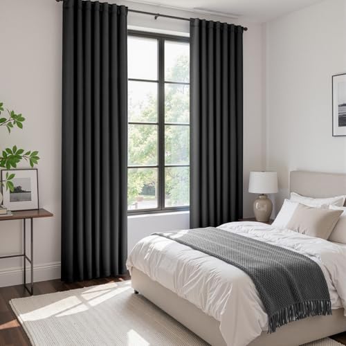 Image of ANRODUO Black Back Tab Blackout Curtains 63 Inch Long 2 Panels | Rod Pocket,Thermal Insulated Room Darkening Light Blocking Curtains for Living Room Bedroom Privacy,W42xL63