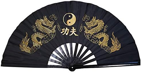 Abanico de dragón dorado doble negro - 15"