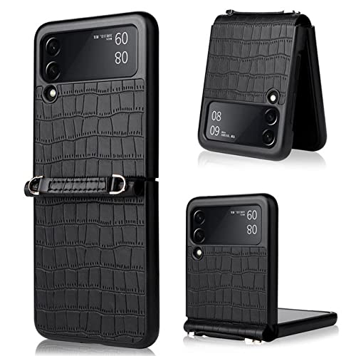 Coque Samsung Z Flip4 antichoc étui rigide cuir avec sangle pour éviter les chutes noires