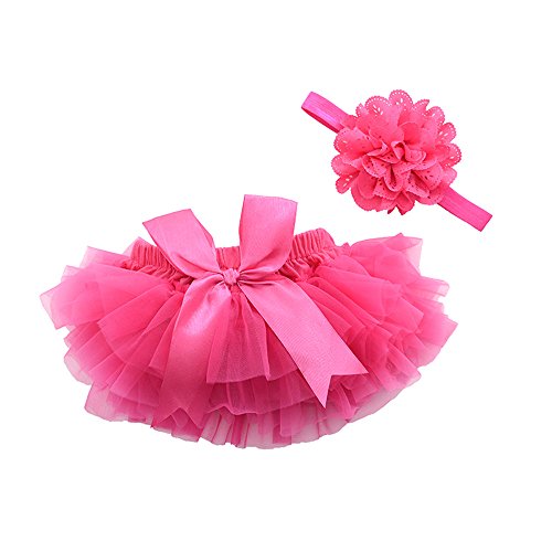 muyan Girls Cotton Tulle Ruffle with Bow Baby Bloomer Diaper Cover and Headband Set (Rose Red, M(6Month-12Month))