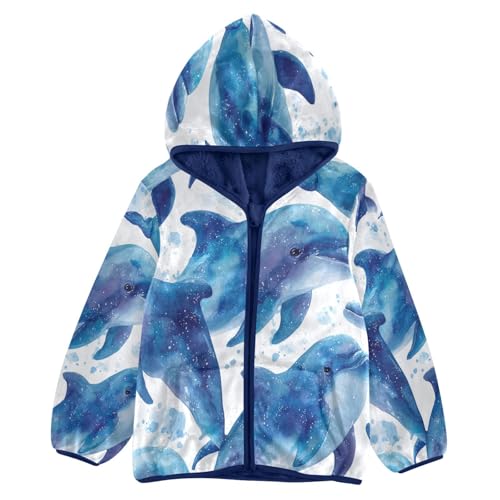 Blue Dolphins Swimming in Ocean Toddler Fleece Jacket Girl Boys Hooded Fleece Jacket Coat Warm Outwear Zip-up 3-10T
