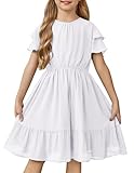 Arshiner Girls Dresses Formal Ruffle Sleeve Elegant Chiffon Party Pleated Casual Swing Dress with Pockets White