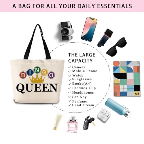 Bingo Queen Tote Bag Cute Aesthetic Shopping Shoulder Handbag with Interior Zipper Pocket Lightweight & Washable Stylish Bingo Queen Present for Women Friends miniatura 7