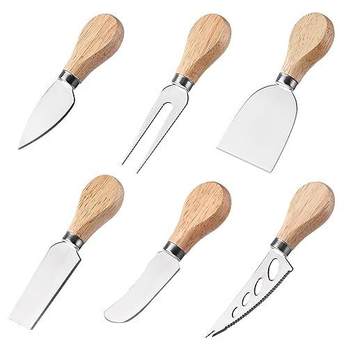 Qianxihu 6Pcs Cheese Slicer Set Cheese Knife Set Wooden Handle Cheese Knives Stainless Steel Cheese Knife and Cheese Shovel Set for Party Wedding Birthday