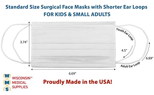 WMS Small Ear Loop Youth Face Masks, Wisconsin Medical Supplies, MADE IN USA, 4 Pack