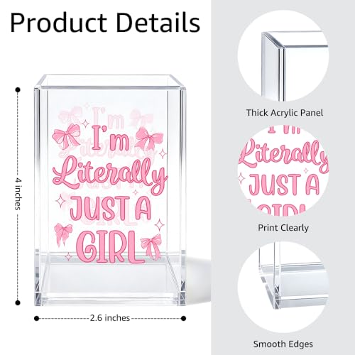 Image of I'm Literally Just A Girl Acrylic Cosmetic Organizer Pen Holder, Funny Acrylic Desk Holder Cup for Pen Pencil, Cute Office Gifts for Women Coworker, Pink Birthday Gifts for Bow Lover Daughter