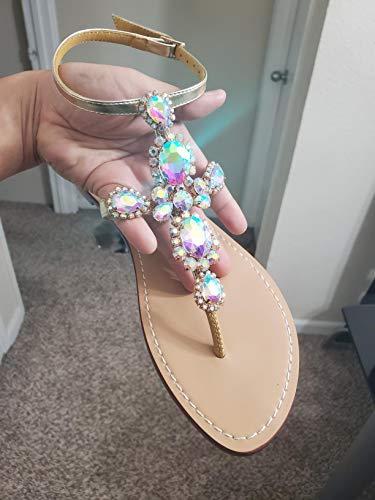 Image of ZhuLinFeng Women'S Rhinestone Gladiator Sandals Flat Wedding Sandals Gem Pearl Sparkling Bridal Bridesmaid Sandals Blue Bohemian Sandals