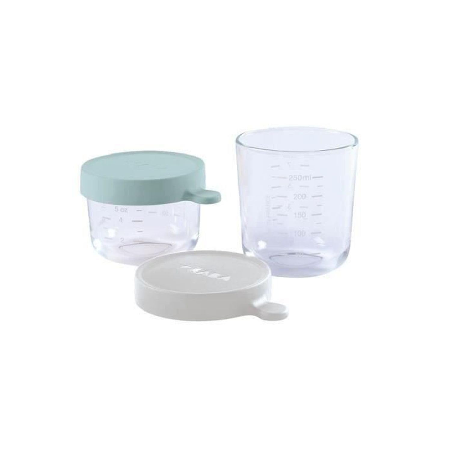 BÉABA, 2er-Set Baby-Speisebehälter/Extra-stabile Gläser, hergestellt in Frankreich, 100 % dicht, temperaturbeständig, gefrierfest, sterilisierbar, mit Skala, 150 ml Airy Green / 250 ml Light Mist