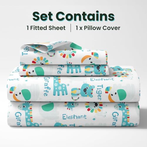 Image of LORETO - A QUALITY LINEN BRAND 144 TC 100% Pure Cotton Single Fitted Bedsheet with 1 Pillow Cover for 72 x 36 Inch Mattress, All-Around Elastic, 8 Inch Deep Pocket, Aqua & Rainbow Animal Parade