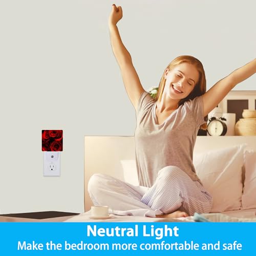 Image of Rose Night Lights Plug into Wall Abstract Red Rose and Black Leaves Night Lights Dusk to Dawn Sensor Led Lamp for Women Men,Led Lights for Stairway /Hallway /Bedroom,0.5W