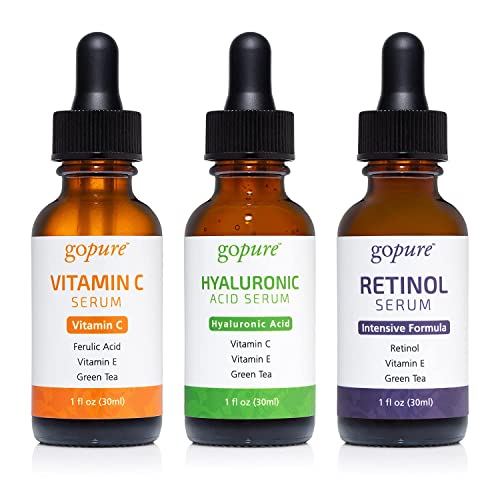 goPure Vitamin C Serum Bundle with Hyaluronic Acid Serum and Retinol Face Serum Bundle - Facial Serum Trio