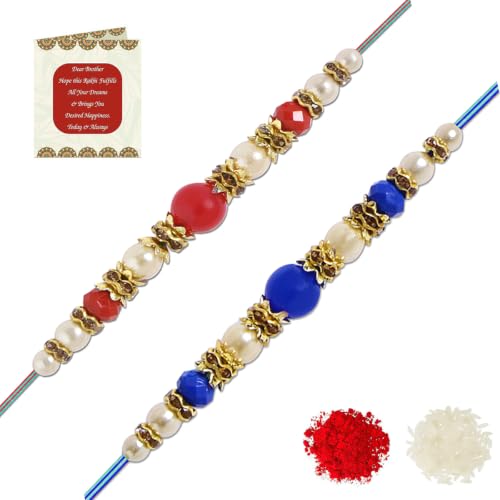 Image of Riddhika Ventures Lavish Pearl and Diamond Ring Bhaiya Bhabhi Rakhi (Set of 2) with Roli Chawal & Greeting Card | Raksha Bandhan Special