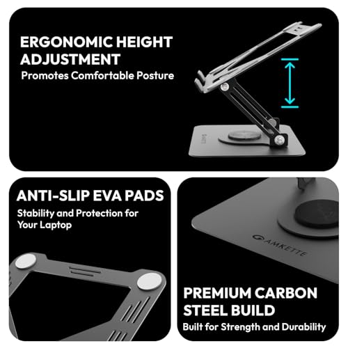 Image of Amkette Ergo Hi-Rise V2 Laptop Stand 360 Rotation, Made with Premium Carbon Steel, Supports Up to 5kg Laptop, with Anti-Slip EVA Pads, Adjustable Height Laptop Stand Metal (Up to 27cm)