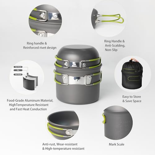 Camping Cookware Mess Kit, 16 pcs Backpacking Cooking Set, Lightweight Camping Pots and Stove Set for 1-2 Person, Outdoor Cooking Gear Ideal for Camping, Hiking, Backpacking and Picnic