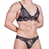 MANJIAMEI Herren Spitzenwäsche Set Sexy 2 teilig Floral Sissy BH Höschen Thong Set Durchsichtige Schwarz Herrenunterwäsche für Romantische Nächte