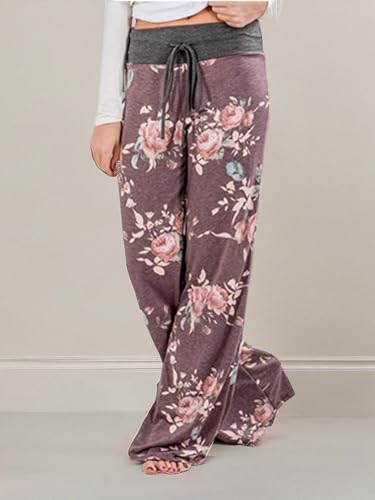 Image of iChunhua Women's Comfy Stretch Floral Print Drawstring Palazzo Wide Leg Lounge Pant