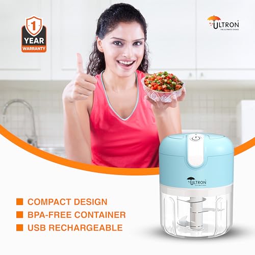 Image of ULTRON Electric Chopper USB Rechargeable | 30W Powerful Motor | 250ml Mini Vegetable Chopper | Stainless Steel Blades | One-Touch Operation | BPA Free Container | Portable Kitchen Chopper (Blue)