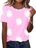 TCOT Crew Neck Shirts for Women Casual Spring Clothes 2026 Short Sleeve White Daisy Trendy Tops Dressy Blouses M