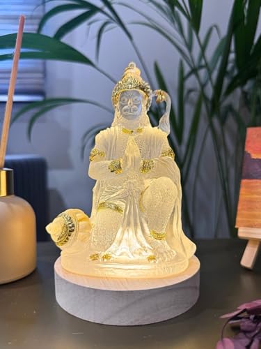 Image of SrI Krishna CULTURE- Hanuman Ji Idol Bending Pose On Wooden LED Base-USB Corded-Warm White-Hanuman Statue-Diwali Special-Height-6.5 Inches