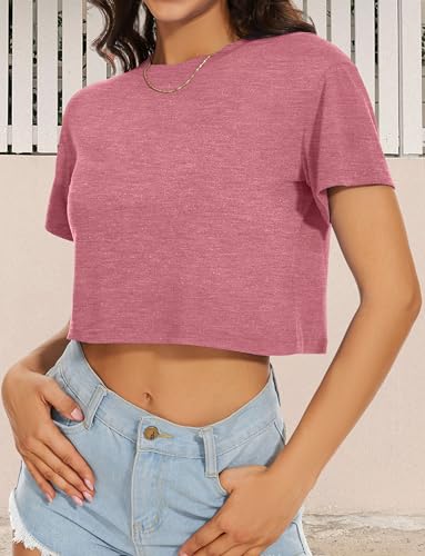 Image of Womens Summer Crop Tops Short Sleeve Round Neck T-Shirts Loose Fit Casual Blouse 2026