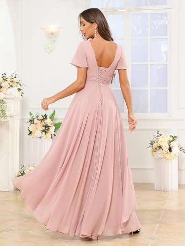 Flutter Sleeve Chiffon Bridesmaid Dresses for Women V Neck Pleated Hi-Low Evening Formal Dress3