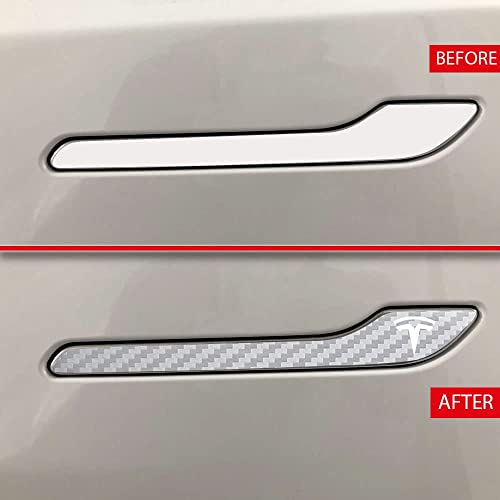 Image of IPG Compatible for Model 3 / Model Y /Juniper Door Handle Decal Sticker Wrap Kit (Set of 4) with Tesla Logo Personalize Your Tesla (Silver Carbon Fiber)