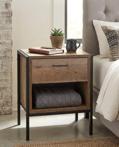 Image of Sierra Side Table with Drawer & Open Storage Shelf | Engineered Wood Bedside Table with Powder-Coated Metal Frame | Modern End Table for Bedroom & Living Room | Rustic Reclaimed Wood Finish