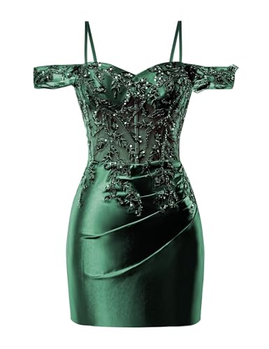 wayfor Off Shoulder Satin Homecoming Dresses for Teens Lace Applique Tight Short Formal Party Gowns Emerald Green Size 6