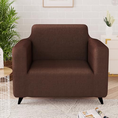 Image of Story@Home Sofa Cover | Antislip Sofa Cover | 1 Seater Sofa Cover | Elastic Sofa Cover | Polyester | 140 x 90x 50cm | Dark Brown | Sofa Cover for Living Room | Stylish for Aesthetic Home Furnishing