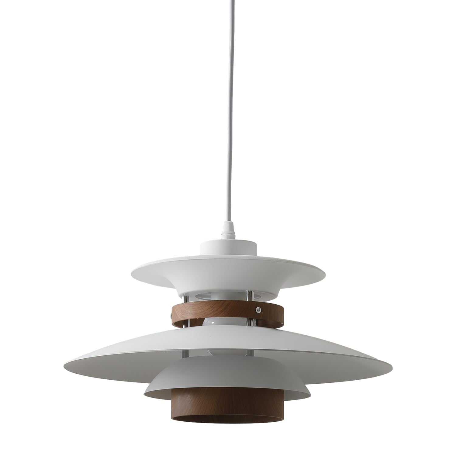 Modern Decor Adjustable Pendant Lamp Kitchen Island, Aluminum and Wood Finish,1-Light E26 Base Ceiling Hanging Light for Dining Room Shop Restaurant (White+Dark Wood Grain, 35cm)