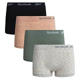 Reebok Womens Boyshorts - 4 Pack Tag Free Seamless Boyshort Underwear for Women with Relaxed Waistband 4' Inseam, Size Small, Rose Dust Jacquard/Green/Black/Natural Spacedye