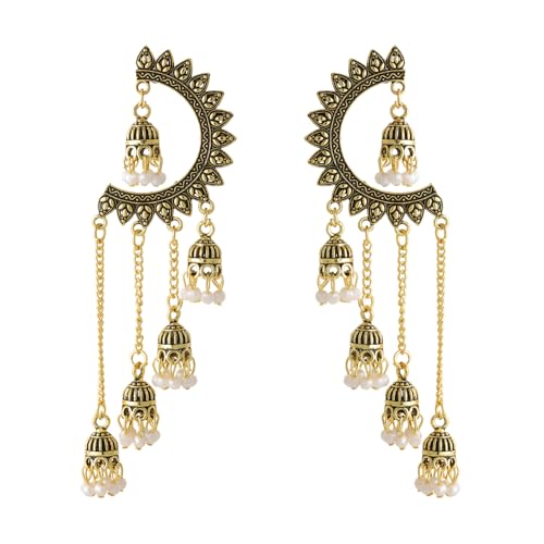Image of WORLD CRAZE Multicolour long kashmiri jhumka for women chandbali earrings chand baliyan | kashmiri earrings for women | bahubali earrings stylish | Traditional Indian Festive Jewelry | Long Chain Tassels | Pearl Drop Latkan Jewellery (Multi colour)