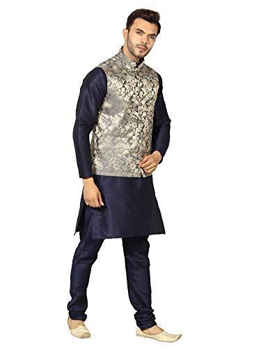 Image of Uri and MacKenzie Men's Silk Blend Regular Kurta Churidar Pyjama with Bundi Nehru Jacket /Waistcoat
