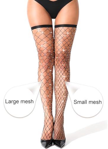 Image of VOAKOW 2 Pairs Thigh High Fishnet Stockings Sparkly Fishnet Tights for Women, Rhinestone Fishnets Stockings