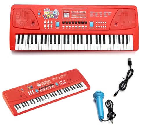 Image of Piano Keyboard with Mic | 61 Keys, 10 Rhythms, 16 Tones, 6 Demo Songs & 8 Percussions | Electronic Musical Toy for Boys & Girls Age 4+ | Educational & Recording Keyboard for Beginners Red