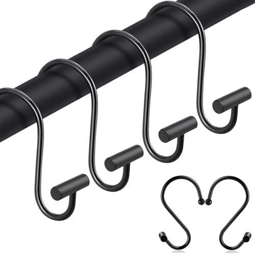 Black Shower Curtain Hooks S Hooks for Hanging Shower Hooks 12 Pack Metal Rustproof Rings with T-Bar Design, Elegant & Durable, Easy to Install for Bathroom, Kitchen, or Wardrobe Rods Curtain Rings