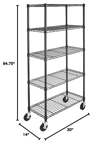 Image of Amazon Basics 5-Shelf Heavy Duty Garage Shelving Storage Rack with 4 inch Wheel Casters, Adjustable Metal Wire Organizer, 300 lbs Per Shelf, 30 inch x 14 inch x 64.75 inch, Black