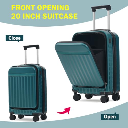 3 Piece Front Opening Luggage Set Hardside Carry on Suitcase with USB Port Expandable Spinner Wheels TSA Lock (Dark Green + ABS)3