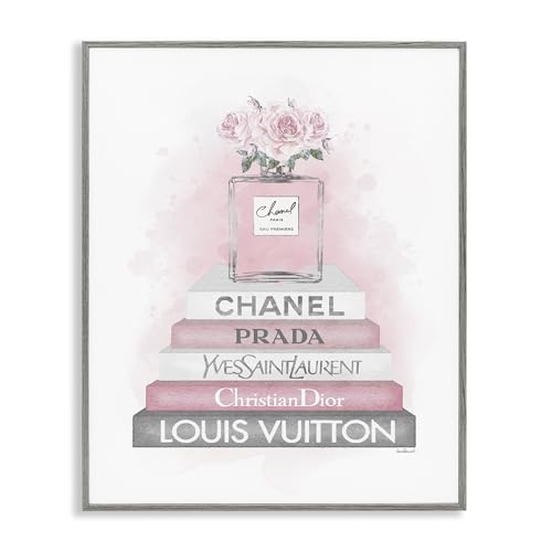 Image of Stupell Industries 'Pink Roses Perfume Bottle Glam Fashion Bookstack', Framed Giclee Art, Gray, 11 x 14 Inches, Easy to Hang and Sturdy, Made in USA, by Amanda Greenwood | Stupell Industries | Gray, 11 x 14 Inches, Easy to Hang and Sturdy, Made in USA, by Amanda Greenwood