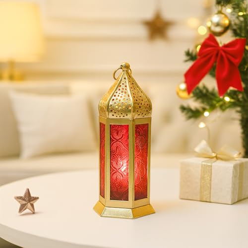 Image of MARKET 99 Metal & Glass Moroccan Lantern with Embossed Glass | Christmas & Holiday Candle Holder, Festive Home Decor, Diwali, Birthday & Wedding Decoration-Golden & Red | (Use LED T-Light only)