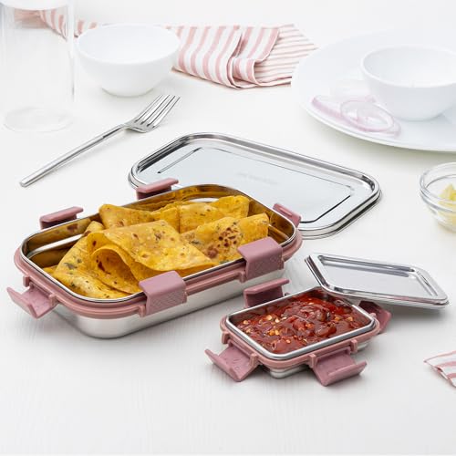 Image of Borosil Stainless Steel Slim Lunch Box | 700 ml + 125 ml Container Set | Airtight, Leakproof, Dishwasher Safe | Portable Kids Tiffin | 1 Year Warranty | Pink
