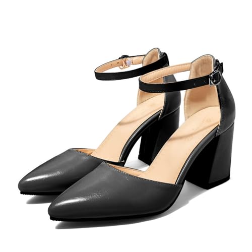 Shinelly Women High Heels Chunky Block Pumps Pointed Closed Toe Ankle Strap Sandals Dress Wedding Shoes2