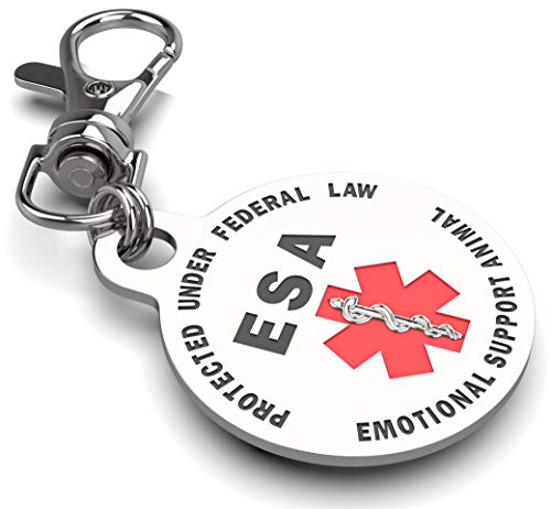 DOUBLE SIDED Emotional Support Animal (ESA) Red Medical Alert Symbol and Protected by Federal Law 1.25 inch ID Tag. QUICK RELEASE metal lobster clamp allowing you to switch between collars and vest.